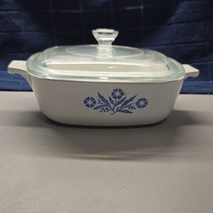 Corningware White Casserole with Blue Floral Pattern and Glass Lid